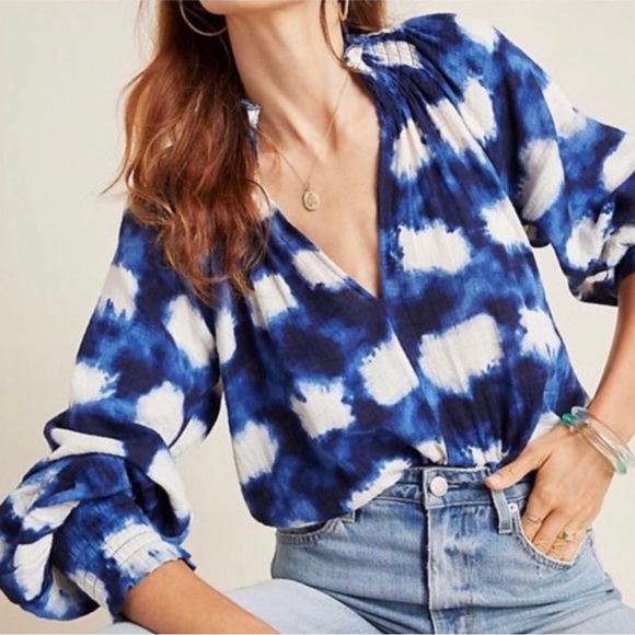 Anthropologie Porridge Tie Dye Peasant Top blue white M gorgeous - Picture 1 of 8